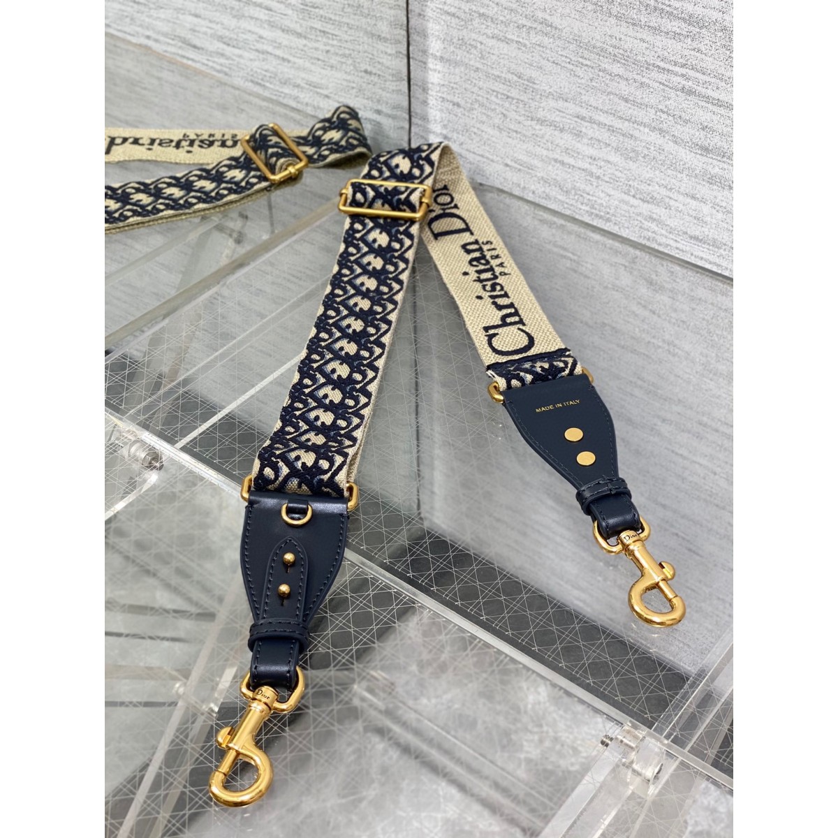 Dior Adjustable Shoulder Strap with Ring in Blue Oblique Embroidery High Quality Replica